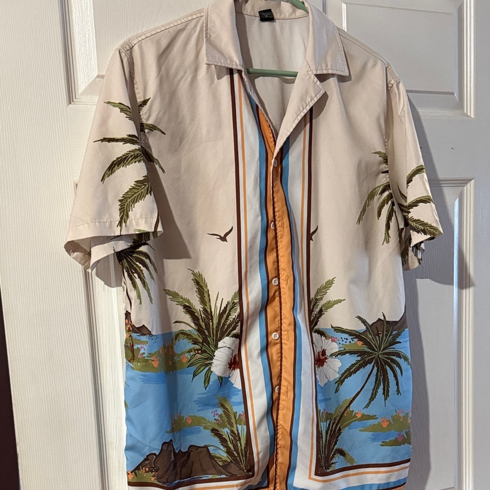 Tropical Beige and Blue Casual Button Down Shirt